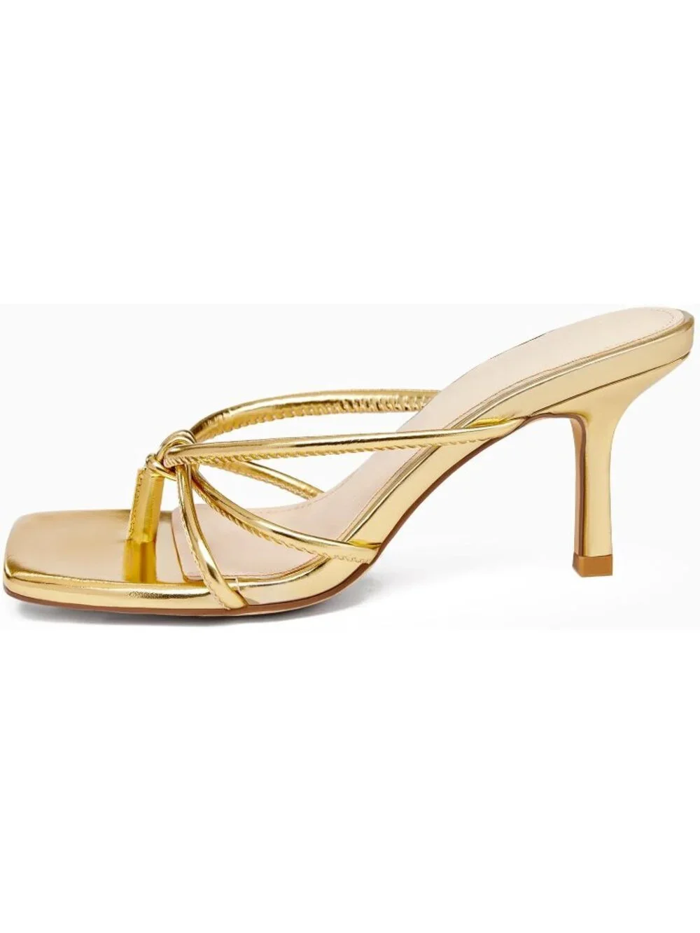 Women’s Gold Faux Leather Square Open Toe Flip Flops Strappy Thong Mule Sandals